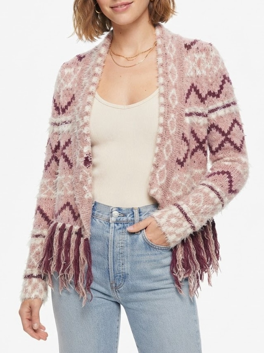 Gimmicks BKE Women’s Pink Boho Fringe Knit Cardigan Sweater Size M